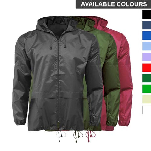 An array of unisex adults' cagoules displayed in different colors with a full zipper, hem drawstring, and two front pockets.